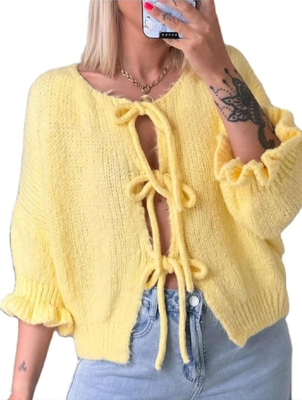 NWT Saodimallsu Yellow Tie Front Knit Cardigan Sweater Ruffle Sleeve Open Knit L